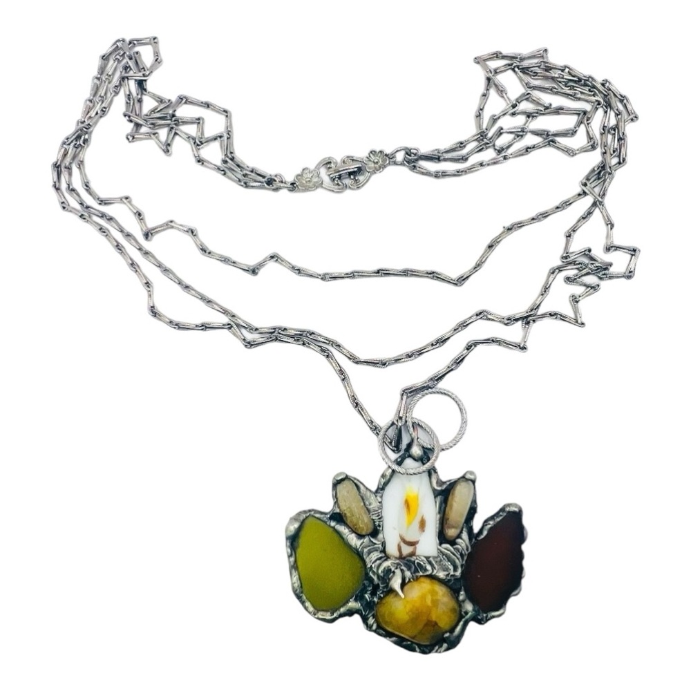 Citrine Sea Glass & China Pendant Silver Blend Metalwork & VNTG 3 Tier Necklace - Picture 6 of 11